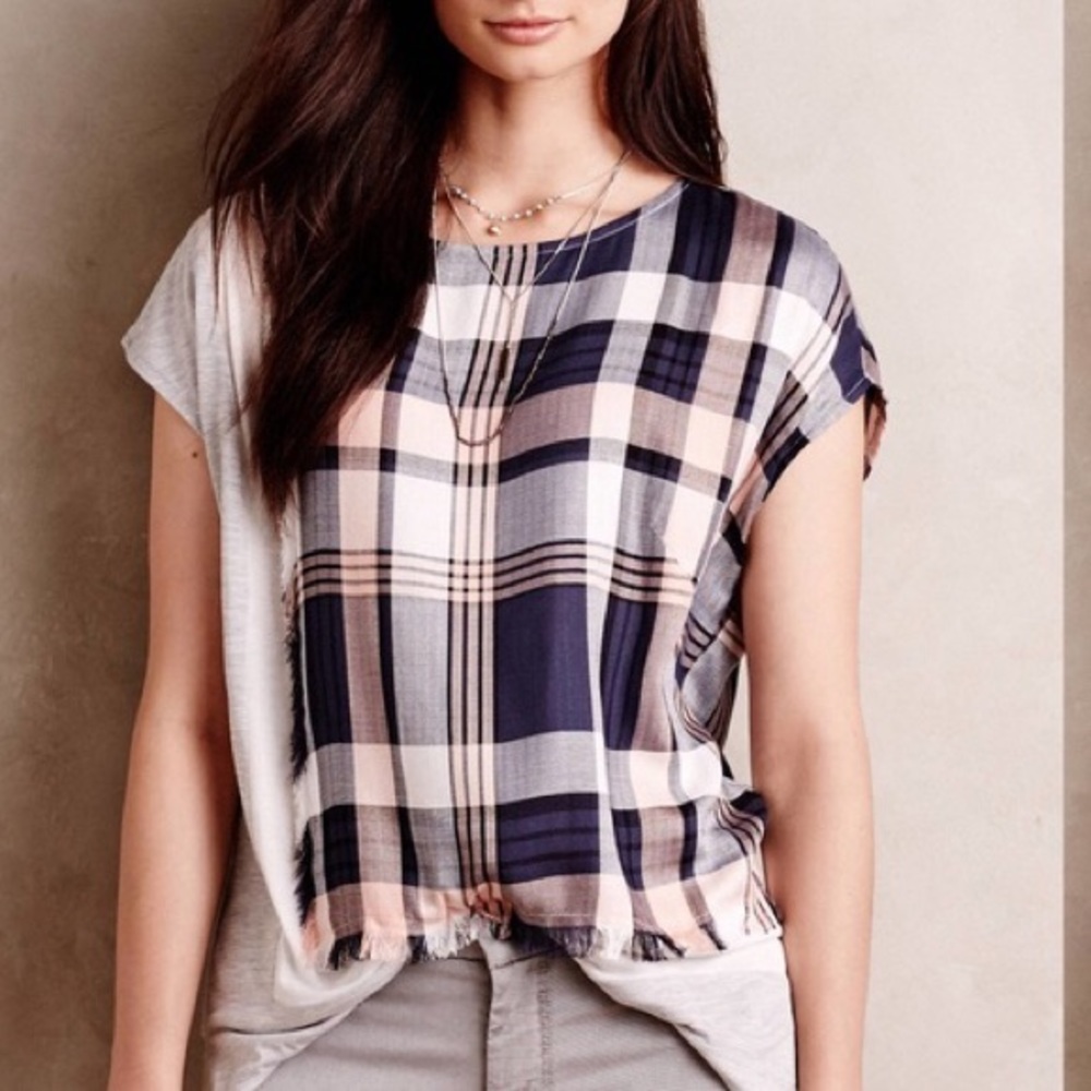 Anthropologie Postmark Hammon Plaid Fringe Top, Small